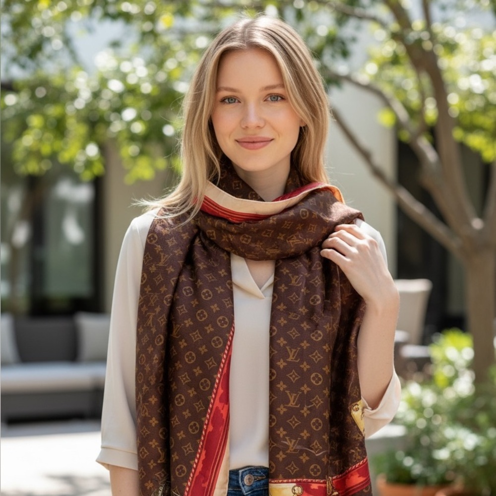 Louis Vuitton Red and Gold Silk Scarf